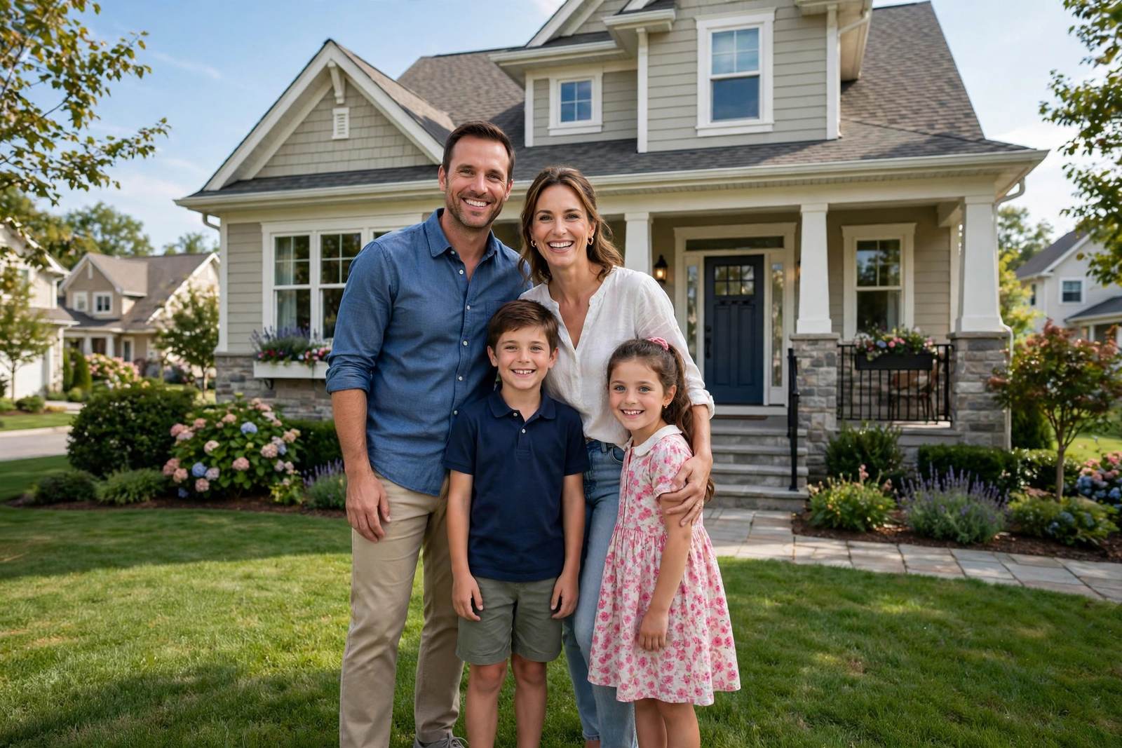 Familia frente a su casa nueva